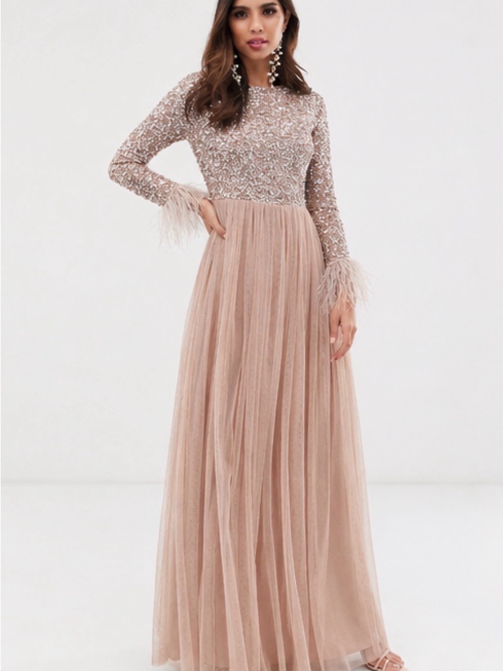 Maya Sequin & Feather Cuff Long Sleeve Dress - Blush Nude
